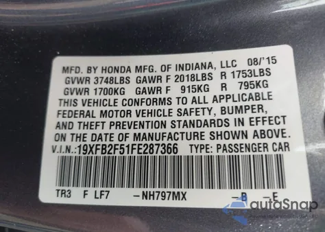 2015 Honda Civic Lx из США, поврежденный, VIN 19XFB2F51FE287366